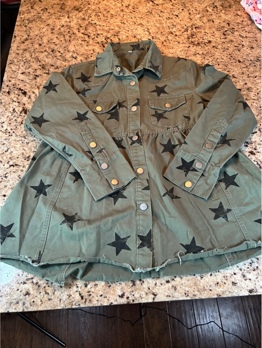 Olive Green Star Print Cotton Blend Jacket Medium